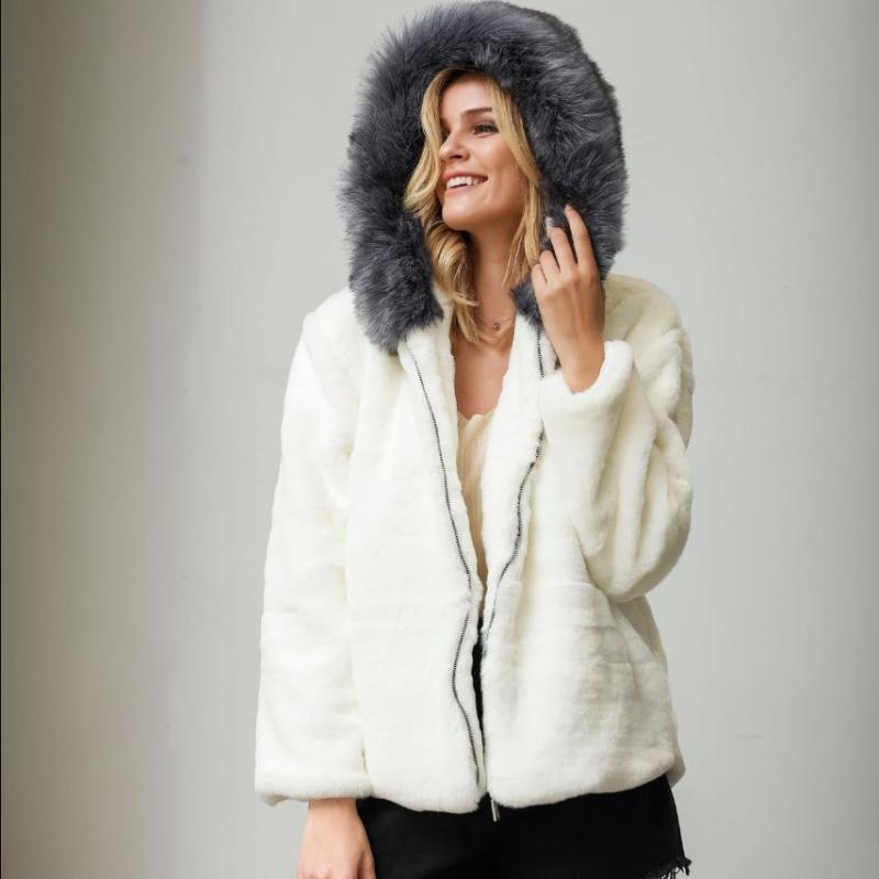 

Women' Fur & Faux Fashion White Coat Female Hooded Coats Thicker Warm Zipper Outerwear Fluffy Jackets F399