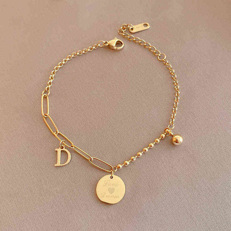 

Pulseras Stainless Steel Link Chains Bracelet Women Accessories Gold Color Round Pendants Letter d Bracelets Bangels Wholesale