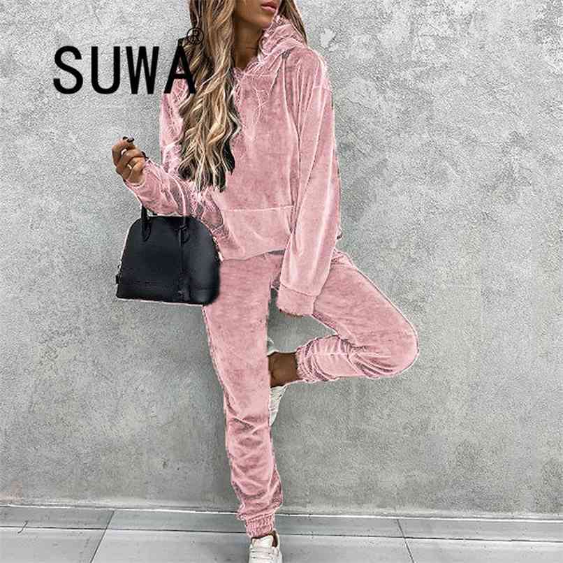 

Velvet Tracksuit 2 Piece Outfits Women Sets Clothes Long Sleeve Loose Hoodies Sweatshirt High Waist Pants Casual Home Wear 210525, Burgundy