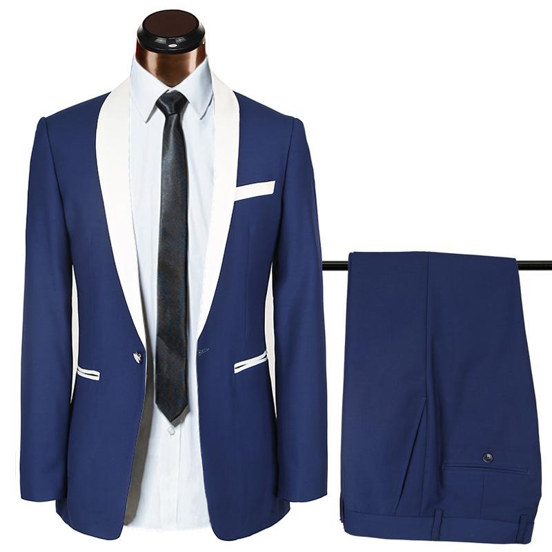 

Men' Suits & Blazers Dark Blue Patchwork Singal-breasted Bussiness High-end Suit For Wedding Groomsmen Jacket Slim Fit Men Clothing, 2 pcs