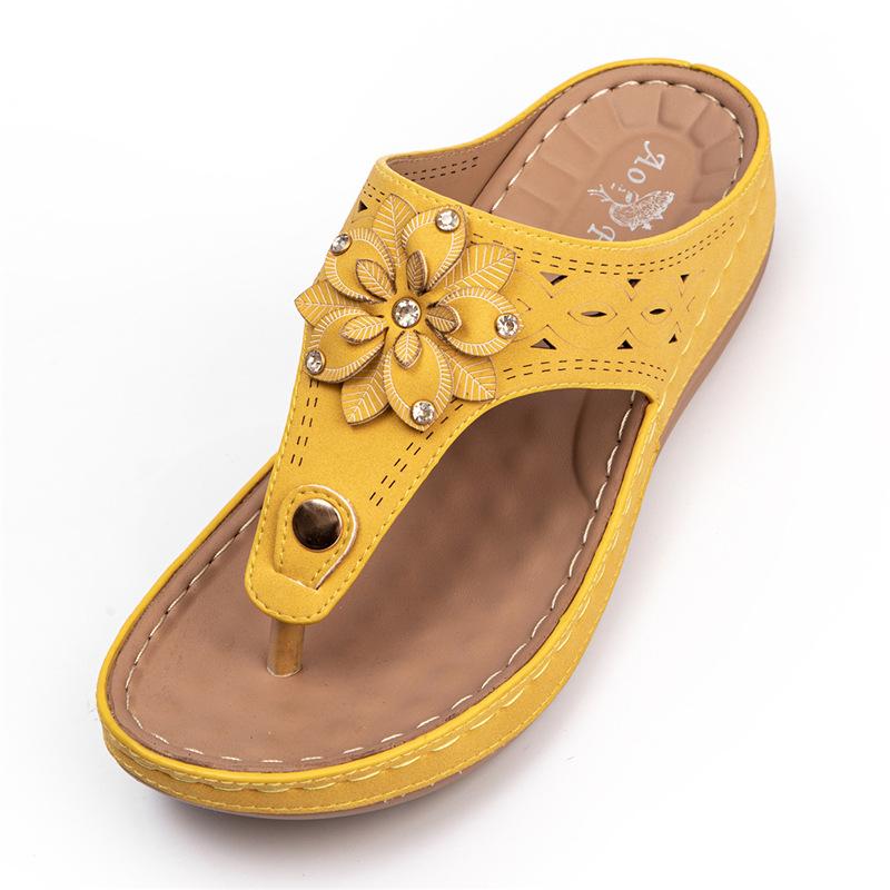 

Platform Woman Flip Flops Flower Sandals Chunky Rhinestone Wedges High Quality PU Leather Slippers Summer Casual Beach Shoes, Black