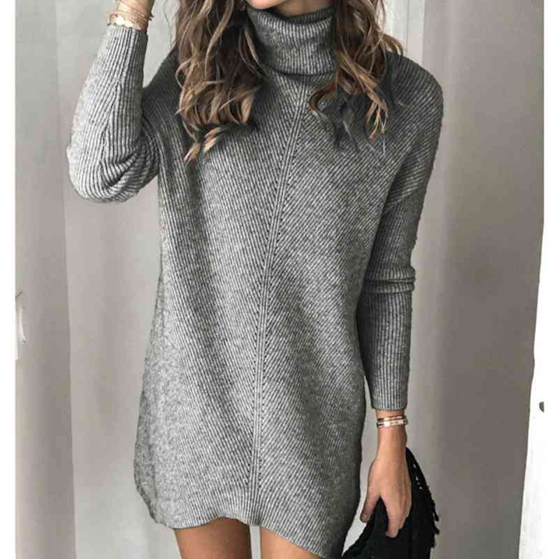 

Winter Oversized Long Turtleneck Sweater Dress Autumn Fall Knitted Jumpers Womens Sweaters Casual Loose Sleeve Pullovers 210603, Dark grey