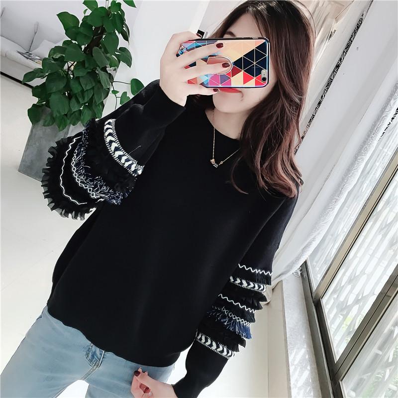 

Women's Sweaters 2021 Autumn And Winter Pullover With Lace Casual Solid Color Long Sleeve Knitted Sweater, Black