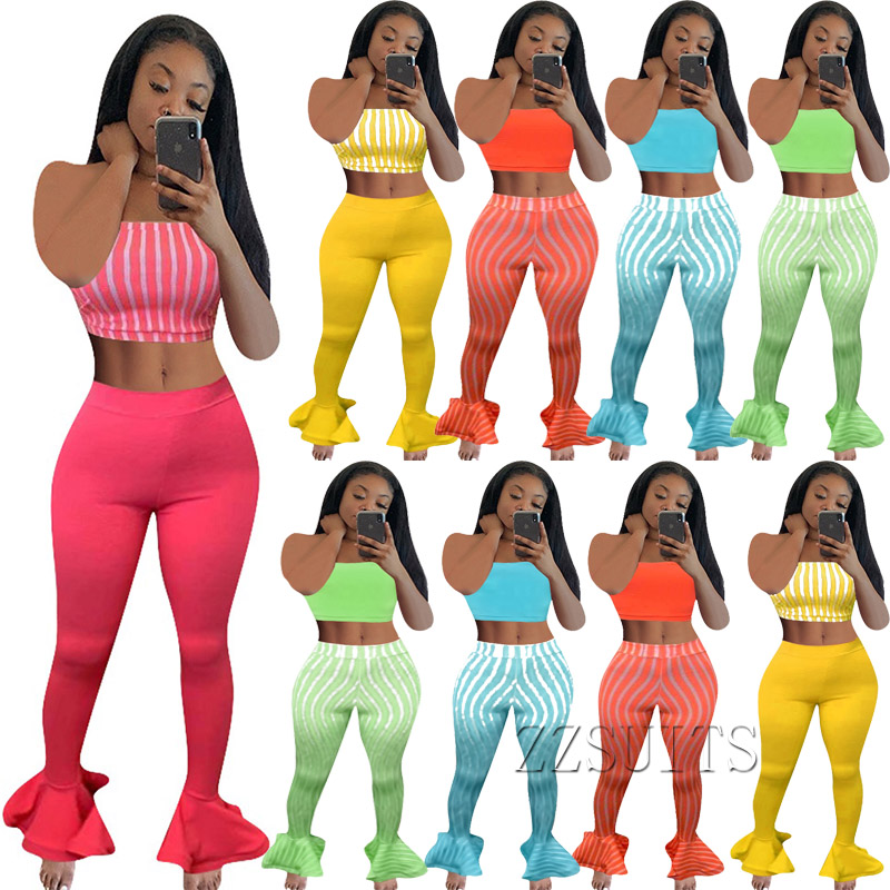 

Fashion striped wrap chest top ruffle pants 2 two piece set Summer Women clothes Sexy vest slim trousers suits streetwear nightclub plus size clohting, Pink