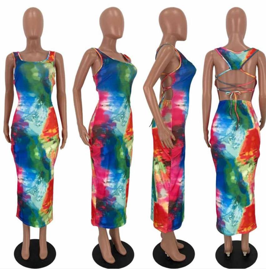 

Women' Sexy Bodycon Tank Dress Sleeveless Fashion Basic Club Tie Dye Long Dresses Backless  M L XL XXL