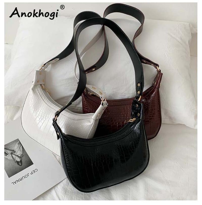 

Classic Hobos PU Shoulder Bag Women Vintage Zipper Wide Strap Quality PU Ladies Casual Handbag Baguette Bag, Black