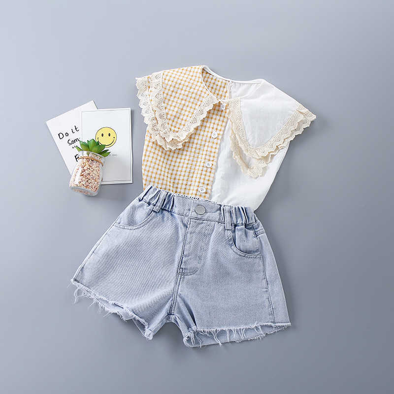 

2-7 Year High Quality Summer Girl Clothing Set Fashion Casual Patchwork Shirt + Denim Pants Kid Children Girls 210615, Black