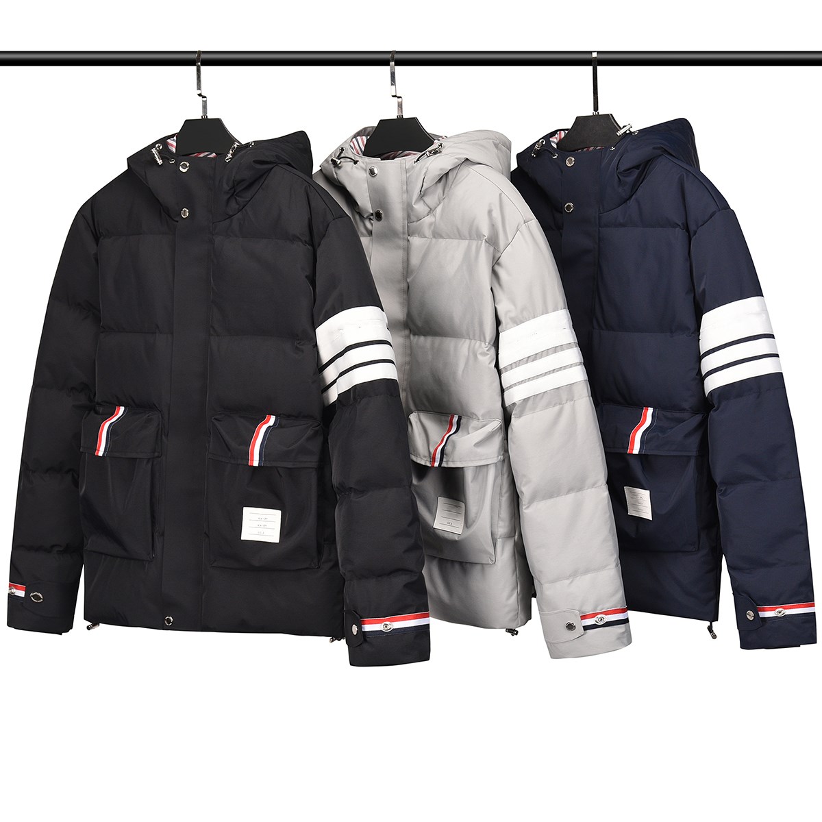Men's down jacket thick warm long-sleeved double-layer windproof white duck down stripes color matching hooded down jacket couple jacket #