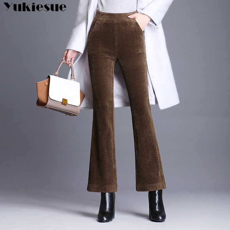 

Winter warm corduroy flare pants women with high waist elastic skinny OL office pleated wide leg female trousers Plus size 210608, Brown