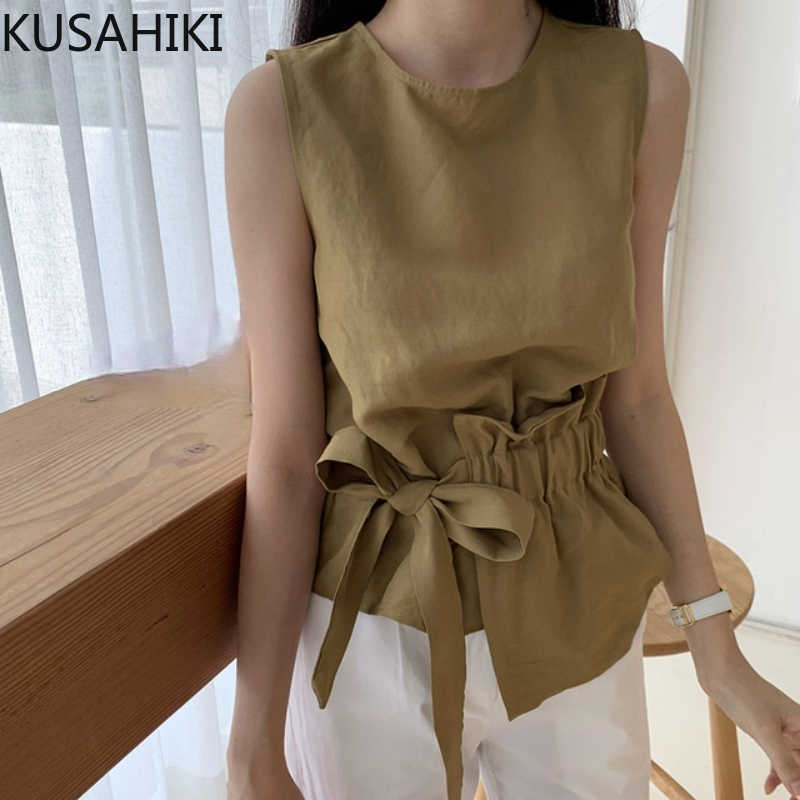 

KUSAHIKI Summer Sleeveless O-neck Women Blouse Bow Drawstring Slim Waist Blusas Top Causal Korean Solid Shirt 6G992 210602, Black