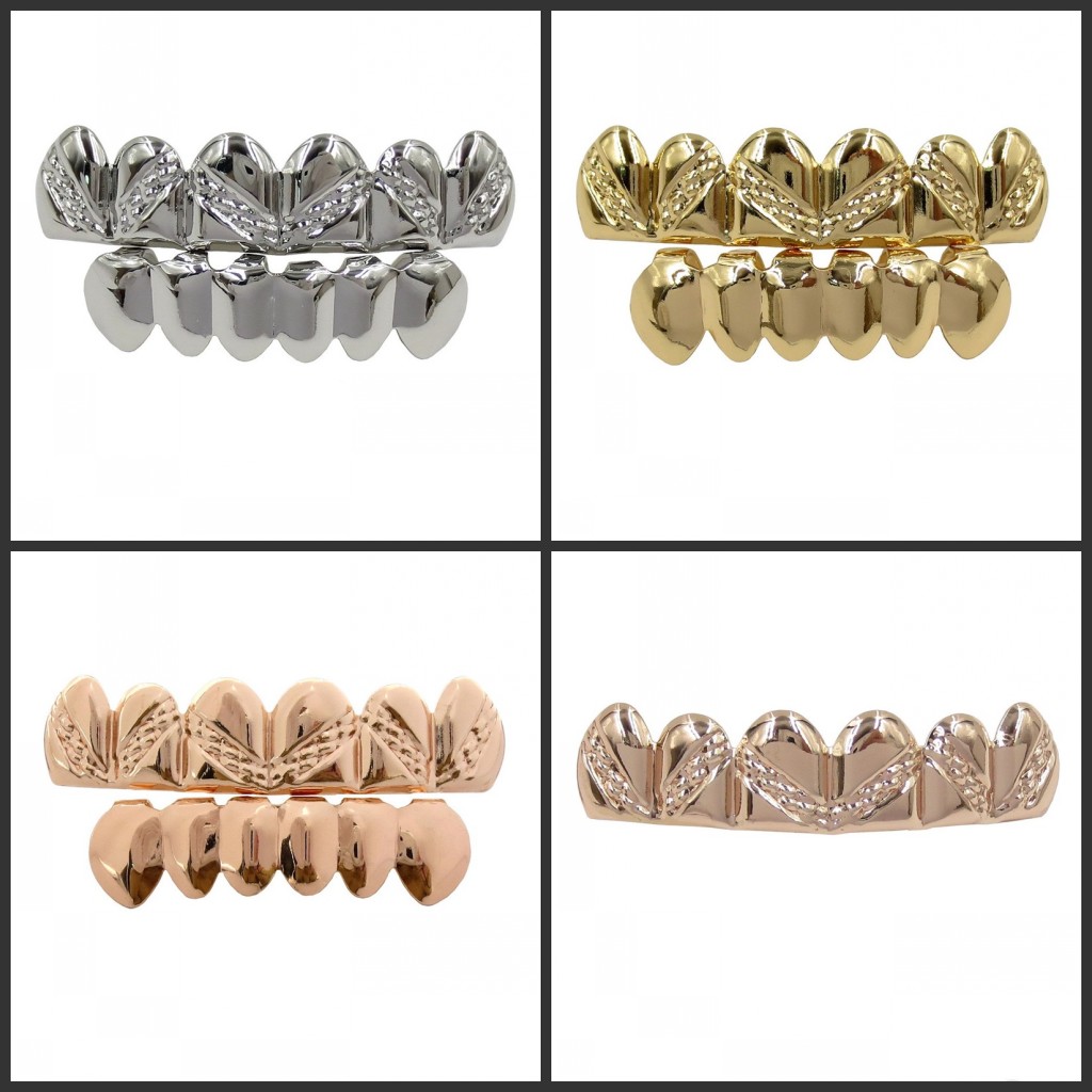 

18K Gold Plated Environmental Copper Teeth Braces Hip Hop Grillz Dental Mouth Fang Grills Up Bottom Tooth Cap Party Rapper Jewelry 21 T2