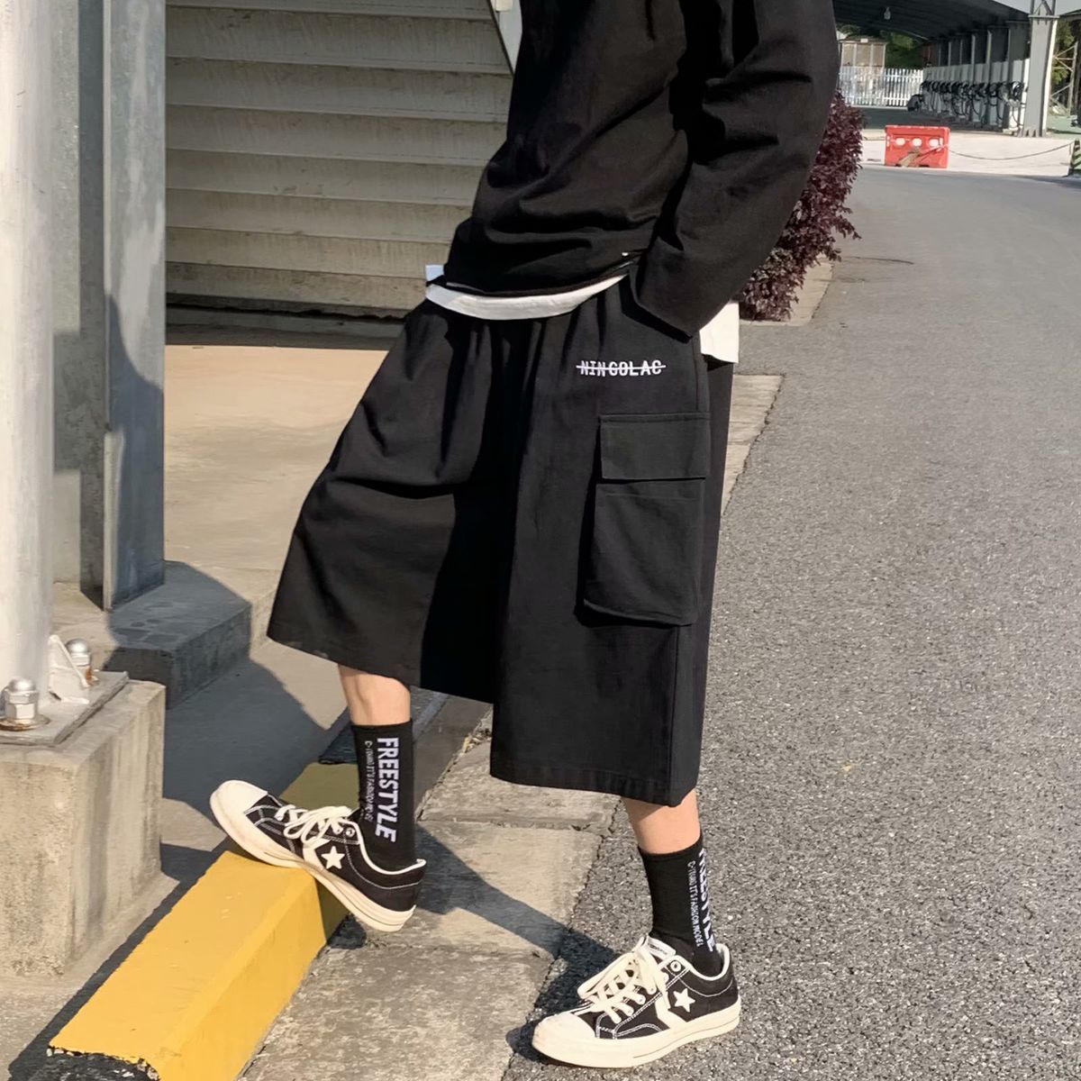 

2021 New Men's Straight Casual Male Five-point Harem Cotton Jogger Multi-pocket Beach Street Students Fashion Shorts Aihy, Black