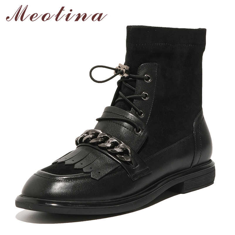 

Meotina Ankle Boots Women Shoes Chain Genuine Leather Flats Short Boots Lace Up Fringe Female Boots Autumn Winter Khaki Black 210608, Black synthetic lin
