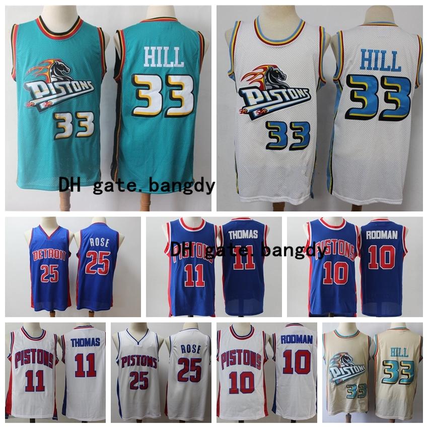 

Vintage Detroit Pistons nba Grant 33 Hill Isiah 11 Thomas Dennis 10 Rodman Derrick 25 Rose Retro Blue Shorts Basketball Jersey, Black;red