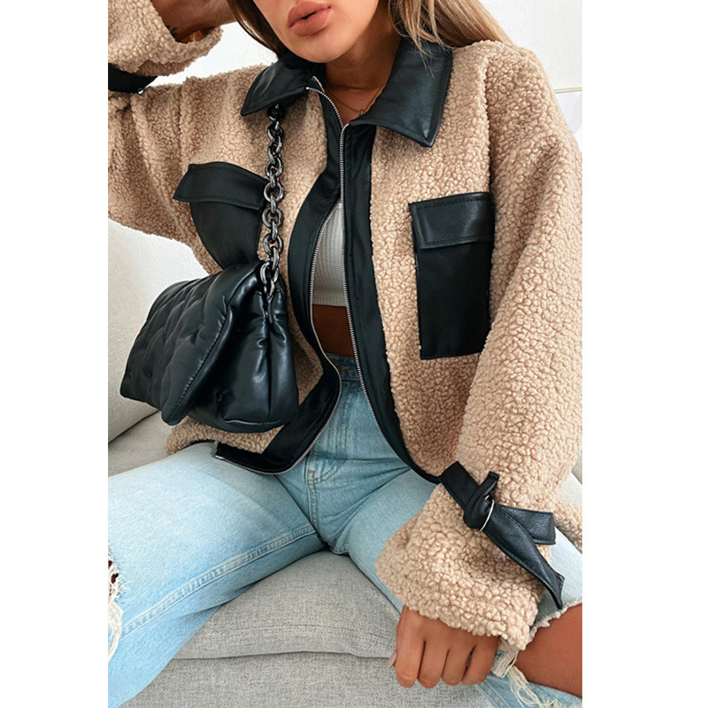 

2021 Khaki Lamb Black Leather Jacket Women Vintage Polo Collar Warm Winter Coat Outerwear Casual Streetwear Loose New Korean Fashion Ls0q