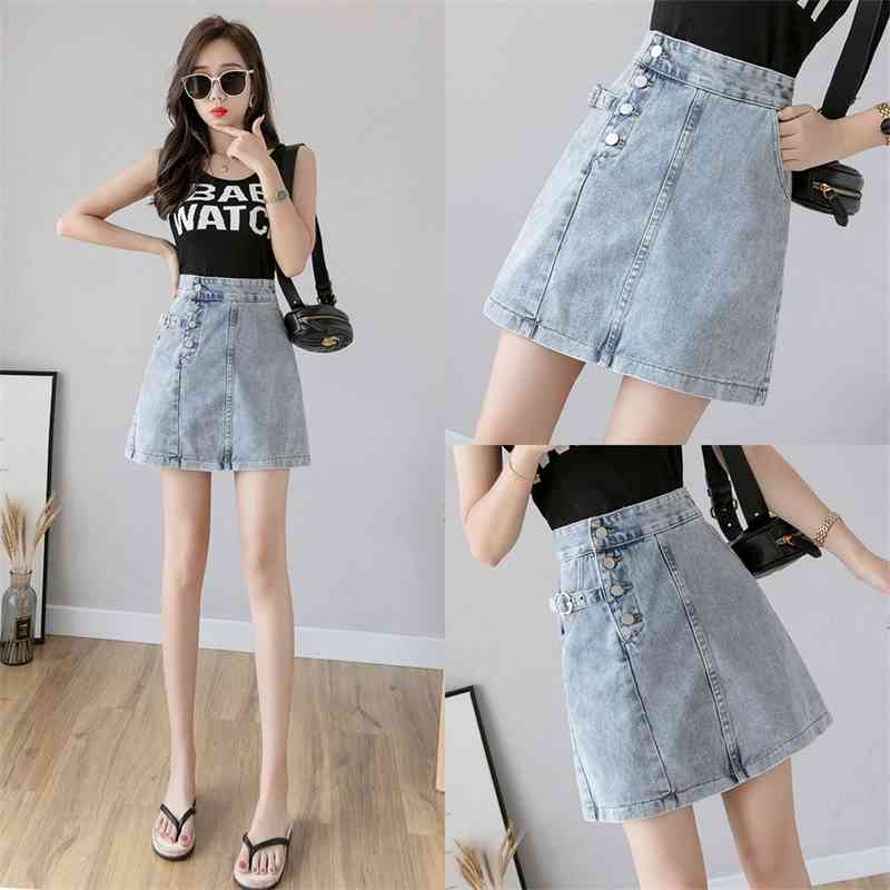 

blue black distressed denim skirts big plus size for ladies girls jean mini korean style buttons sexy skirt woman a line 210608, Photo color