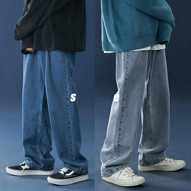

New 2021 Large Male with Black Leg/blue Casual Cargo Pocket Classic Biker Jeans Denies Loose Pants M-2xl 58k7, Light blue.
