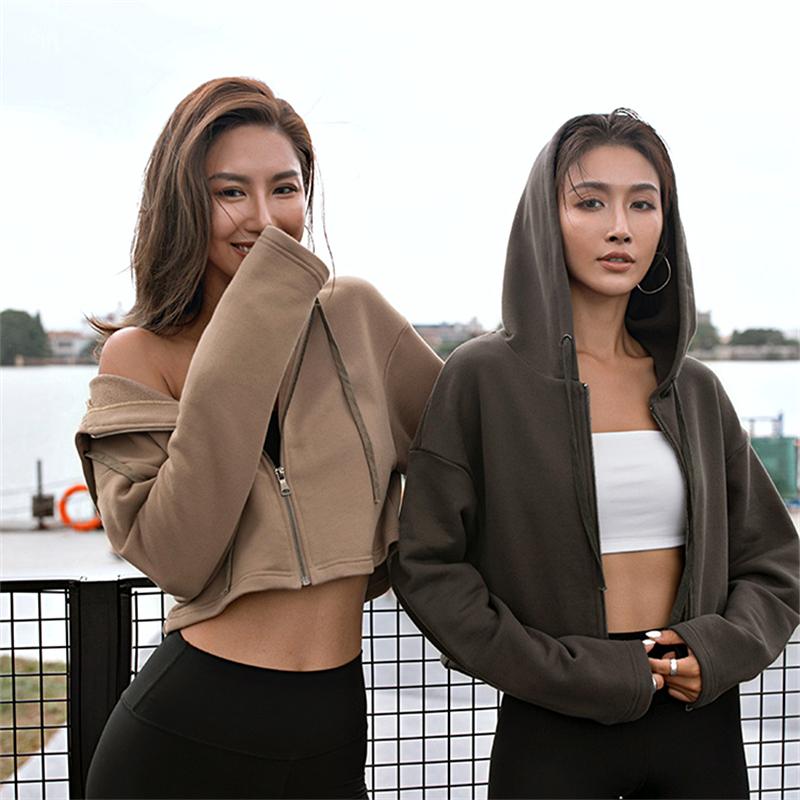 

Sport Full Zip Track Jacket Women' Autumn Cropped Hooded Sweatshirt Long Sleeve Fitness Top Loose Workout Tops Grey Hoodie, Khaki