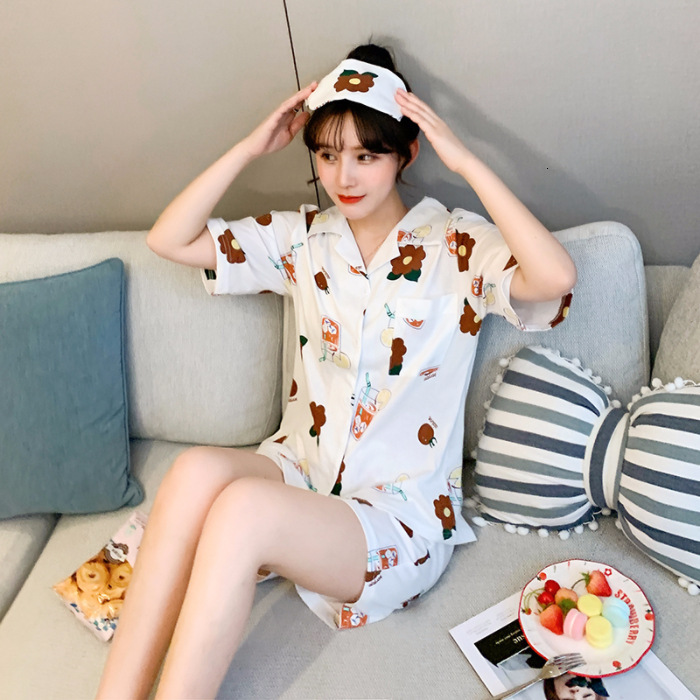 

White Women 2pcs Summer Pajamas Change Sweet Flower Printing Dress a Nightwear Trousers Short Clothing Sleeve 5b9g