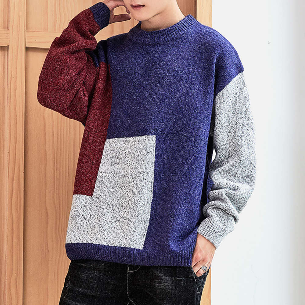 

Men's knitwear autumn winter 2021 fashion casual youth versatile sweater contrast color matching Pullover knitting trend, White;black