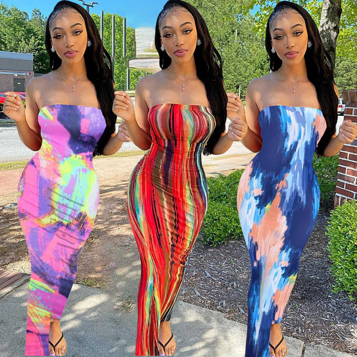 

Designers Women Clothes 2021 dresses large colorful tie dyed off shoulder breast wrapped dress in spring and summer models, Mix colours or leave a message