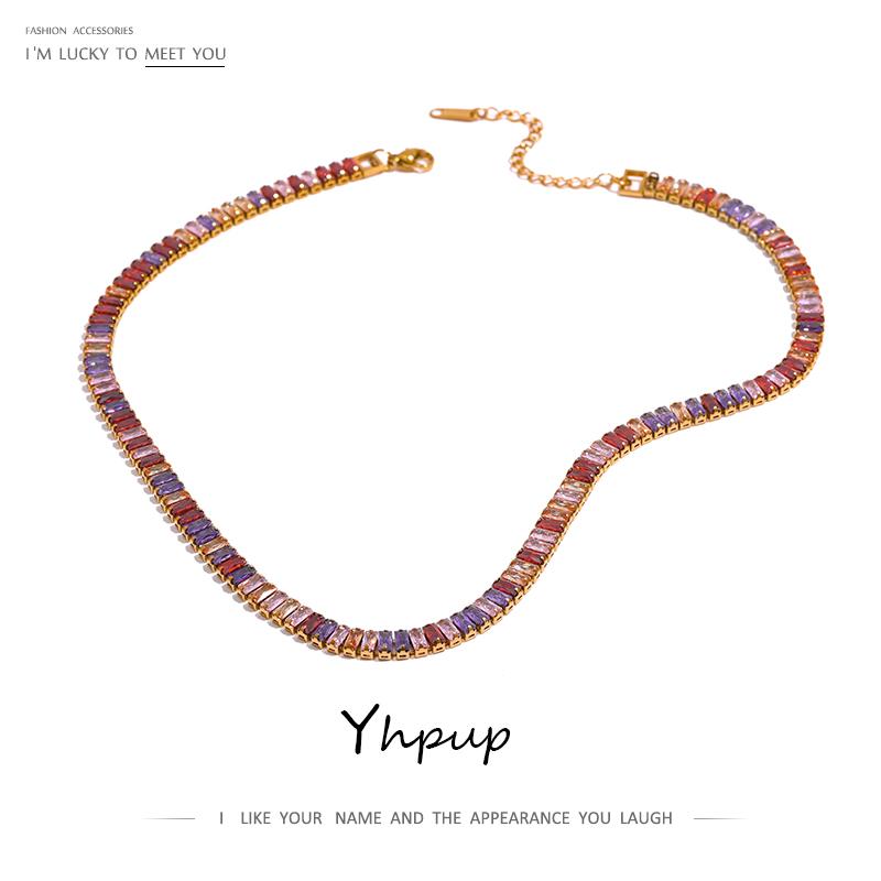 

Chains Yhpup Colorful Cubic Zirconia Chain Necklace Stainless Steel Collar Trendy Waterproof Jewelry For Women Party Gift