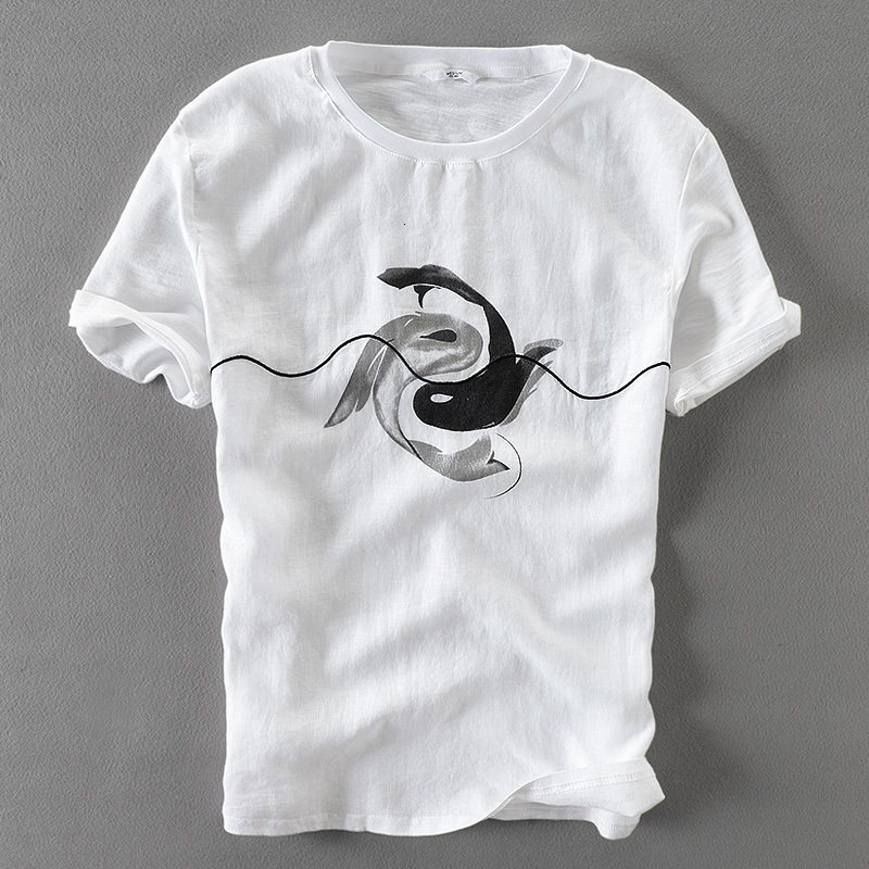

2021 New Costura Linho Curto-de Mangas Compridas T-shirt De Impresso Em Torno Pescoo t Shirt Dos Homens Do Vero Camisas Brancas M9mk, White