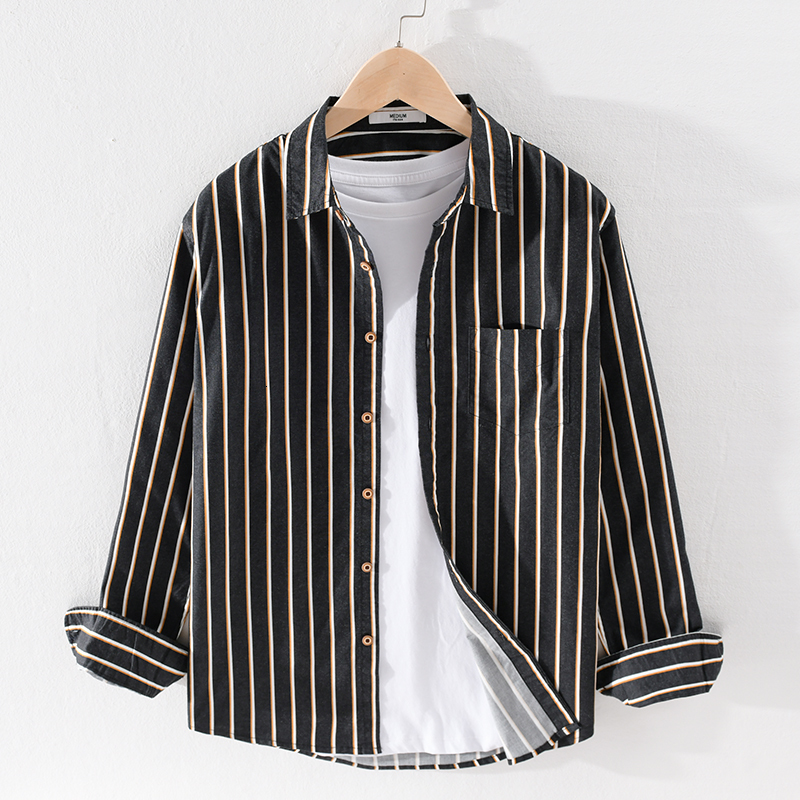 

2021 New Outono De Manga Longa Listrada Marca Casuais Para Homens Moda Confortvel Camisa Mens Camisas Soltas Masculino S9a9, Apricot black stripe