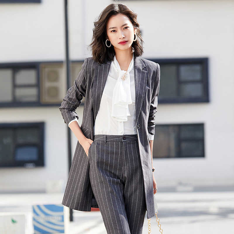 

Large Size Women's S-4XL Temperament Striped Mid-length Jacket Professional Wear Women Slim Pants 2-piece Set 210527, Blazer skirt b