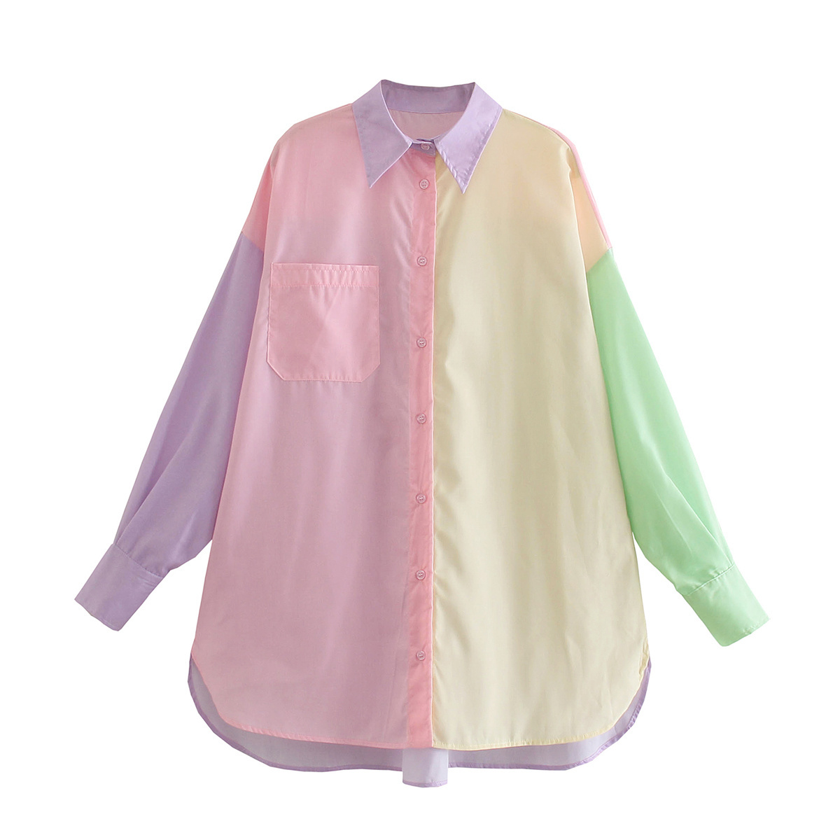 

Summer Products Women' Retro Fashion All-match Lapel Long Sleeve Color Blocking Loose Poplin Shirt Top 210525, Pink