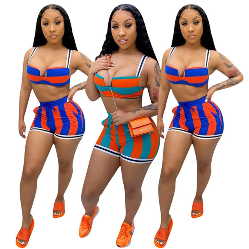 

Summer Women two pieces set plus size 3X outfits tracksuits backless tank top+shorts two piece set fashion sportswear stripe sweatsuits 4435, Mix color