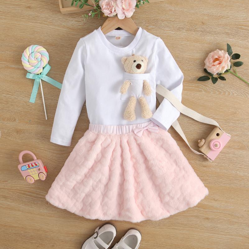 

Girl's Dresses Baby Girls Sweater Set Fashion Cute Bear Two-piece Autumn Winter Children Clothing O-Neck Knitted Clothes, Red;yellow