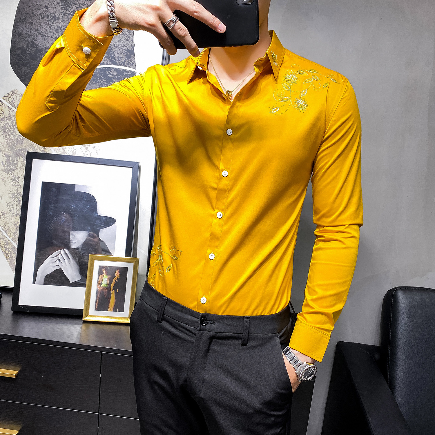 

2021 New High Quality Flower Embroidery Fashion Men's Jersey Long Sleeves Slim Fit Streetwear/club/ Prom Kues, Bright orange.