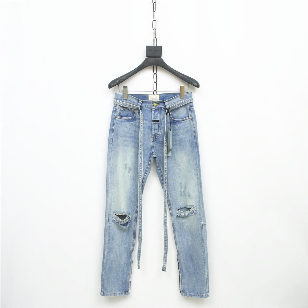 

2021 Fear Of God 6th FOG Hole zipper Jeans Fashion Street Skateboard Casual Denim Trousers Sport Fitness Hip Hop Track Pants Sweatpants, Blue
