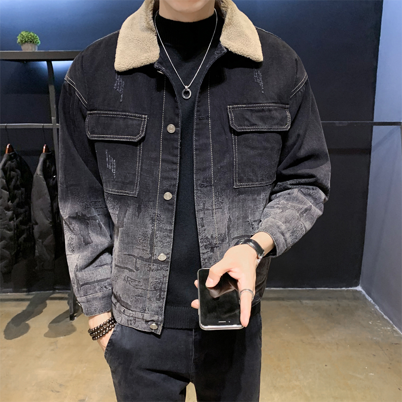 

2021 New Top Quality Gradient Color in Front Thick Winter Pockets Blue Jackets Men's Clothing Turn Down Collar Denim Casual Coat 07a2, As the photo show