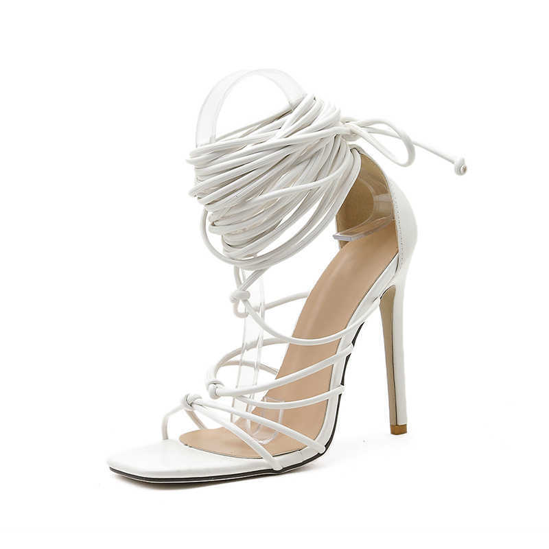

2021 New knee high sandals open toe lace up cross strappy sandals women high heels Woman shoes High heels Sexy women's shoes Y0721, White