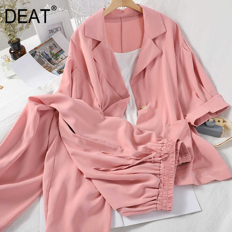 

DEAT Women Notched Neck Three Quarter Long Pants Arrivals Temperament Two Piece Set Fashion Spring Summer 11D387 210709, Black