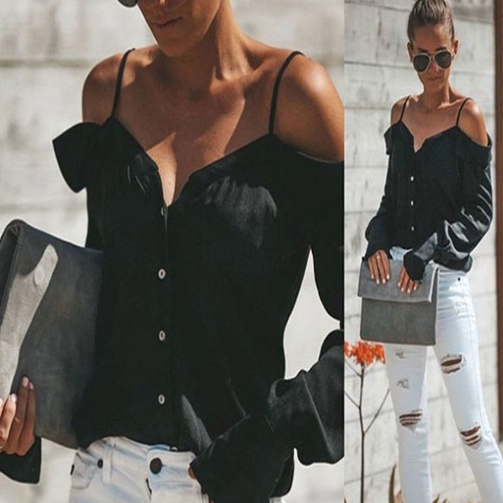 

2021 New Sexy Strap Off Shoulder v Neck Blouse Elegant White Casual Button Slim Shirt Female Tops Spring Summer Tunic 53kh