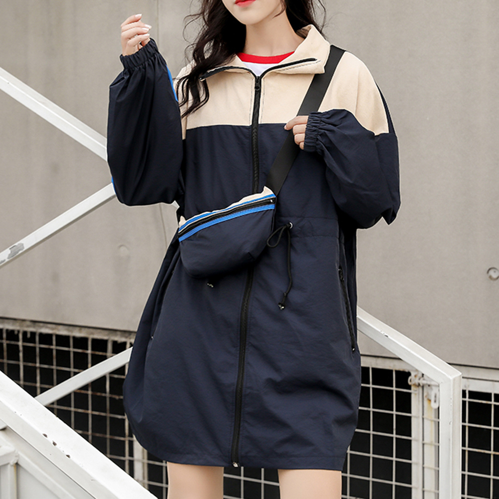 

2021 New Women Casual Coats Long Sleeve Color Block Loose Drawstring Windbreaker Jackets Streetwear Patchwork Outwear Fkqa, Navy blue