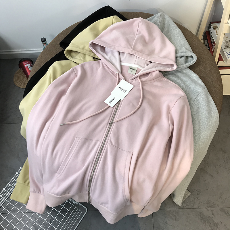 

2021 New Casual Zip Up Hoodies Spring Autumn Women Solid Color Hooded Sweatshirt with Pocket Harajuku Long Sleeve Top Oversize 6o14, Yellow