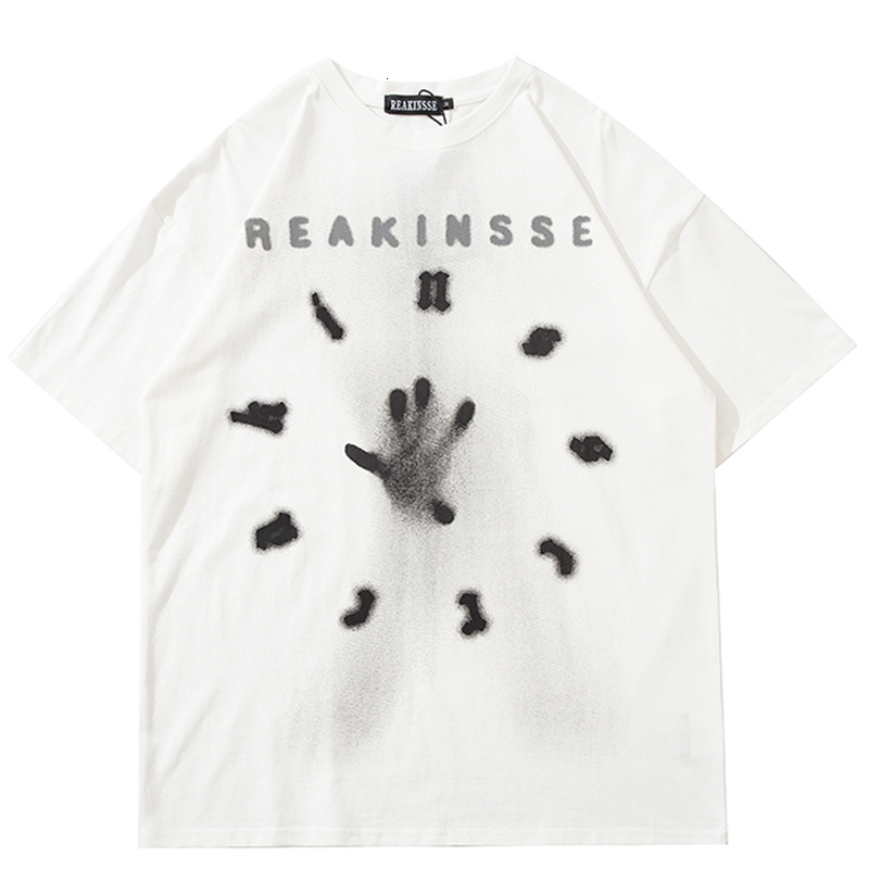

New t Shirt Men Hip Hop Terror Clock Print Harajuku Top Tees 100% Cotton Tshirt 2021 Streetwear Loose Casual Male Anime T-shirts Bddk, White
