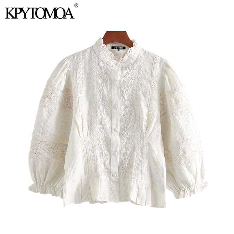 

Vintage Sweet Hollow Out Embroidery Blouses Women Fashion Ruffled Collar Three Quarter Sleeve Female Shirts Blusa Chic Tops 210721, As picture