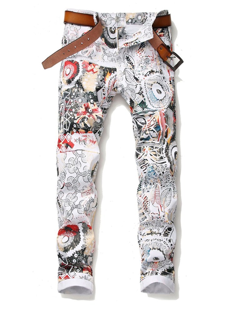 

2021 New Men's Print National Style Street Jeans Slim Straight Colored Painted Stretch High Quality Pants Size 29-38 4qkl, White