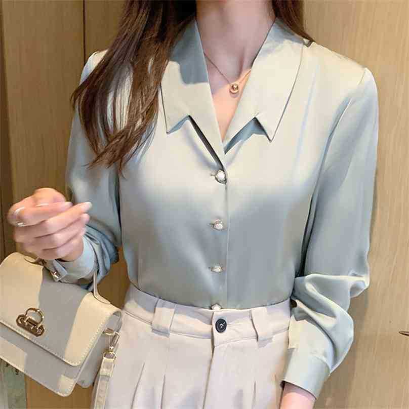 

Retro Women Solid Loose Chic Vintage Chiffon Blouse Gentle Office Lady Elegant Female Shirts Tops 210525, Green