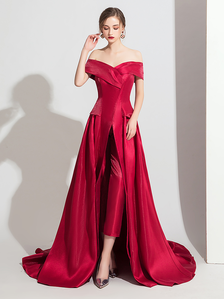 

2021 New Women Jumpsuit with Long Train White/dark Red Evening Es Off Shoulder Elegant Prom Party Vestidos Festa Novia Ogcw, Green