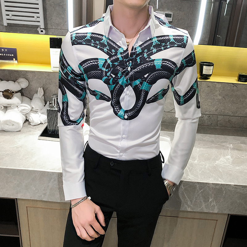 

2021 New Korean Male Print Shirt Thin Fit Casual Shirts Long Sleeve All Games Streetwear Men's Clothes Club Night Tuxedo 3xl Uumy, White
