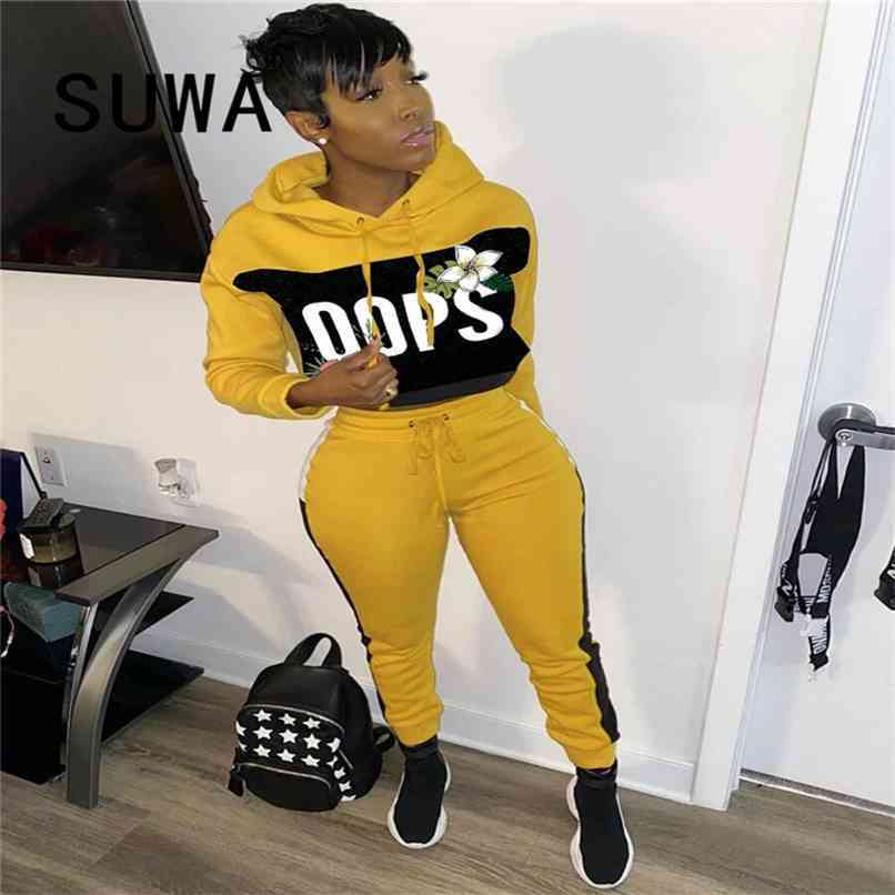 

Wholesale Fall Winter Clothes Tracksuit Two Piece Outfits For Women Sets Letter Printed Hoodies Sweatshirt Top Trousers Pants 210525, Yellow