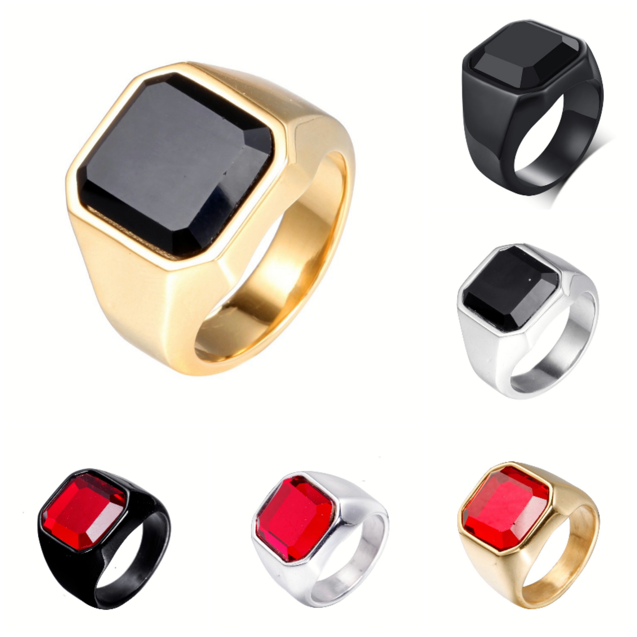 Fashion Mens Signet Rings Stainless Steel Band with Black Stone Inlay men Vintage Biker Jewelry Bague Anel Masculino Size:7-14