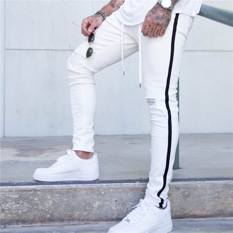 

2021 Mens Black Striped Print Hole Ny Vintage White Jeans Fashion Ripped Slim Denim Pants for Men Male Hip Hop Jean Trousers Yeq1