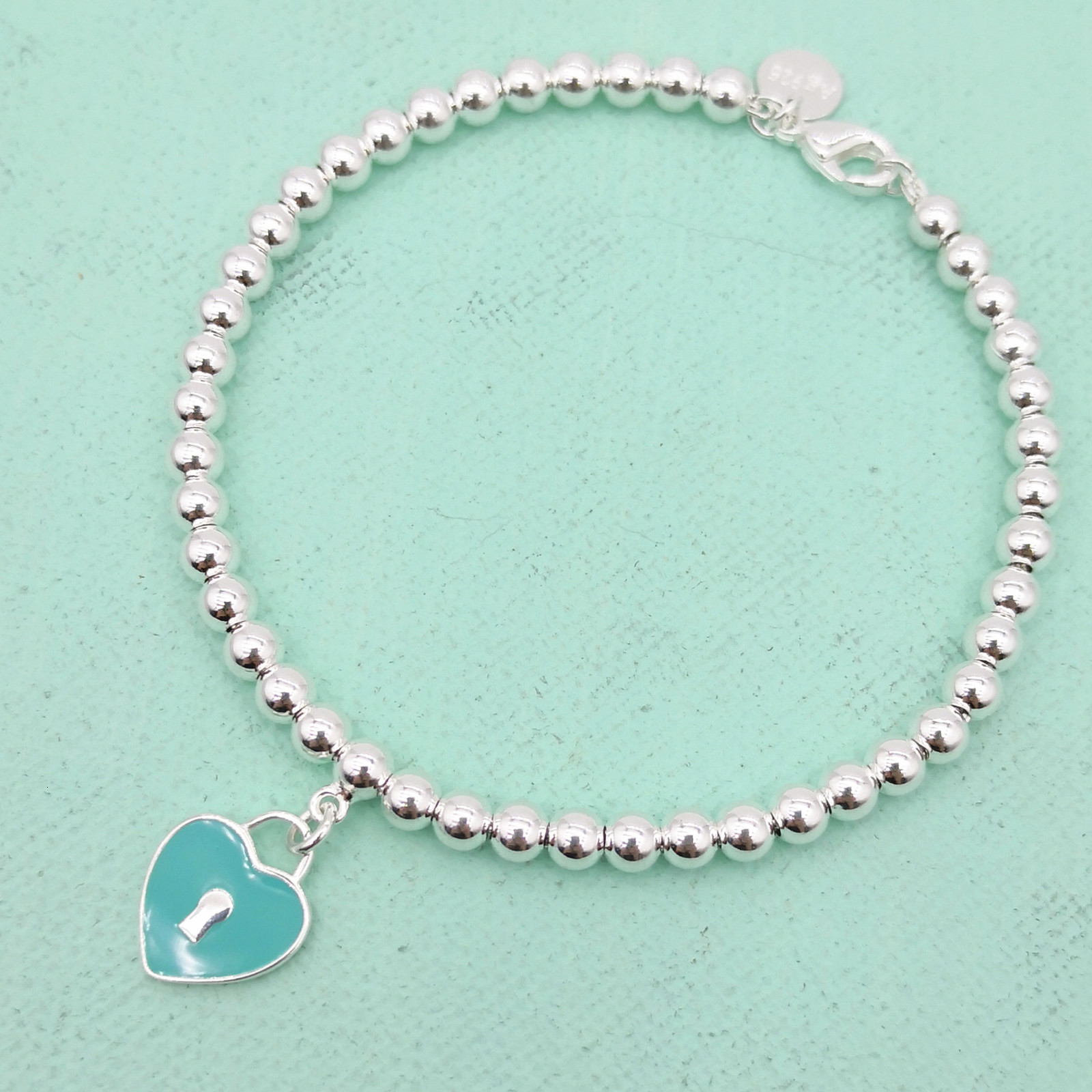 

2021 New Women's S925 Sterling Sier Blue Green Enamel Heart-shaped Lock 4mm Round Beads Beaded Bracelet Sweet Jewelry for Lovers Ev62